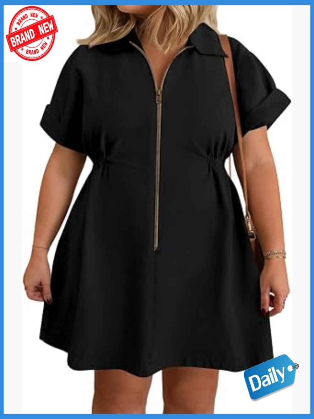 Plus Size Shirt Dress Short Sleeve Zip Up Lapel Casual Mini with Pockets